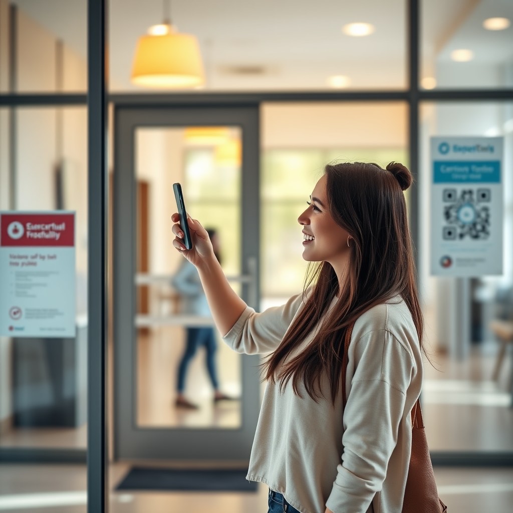 A smiling visitor checking in at a venue entrance by scanning a QR code poster with her phone